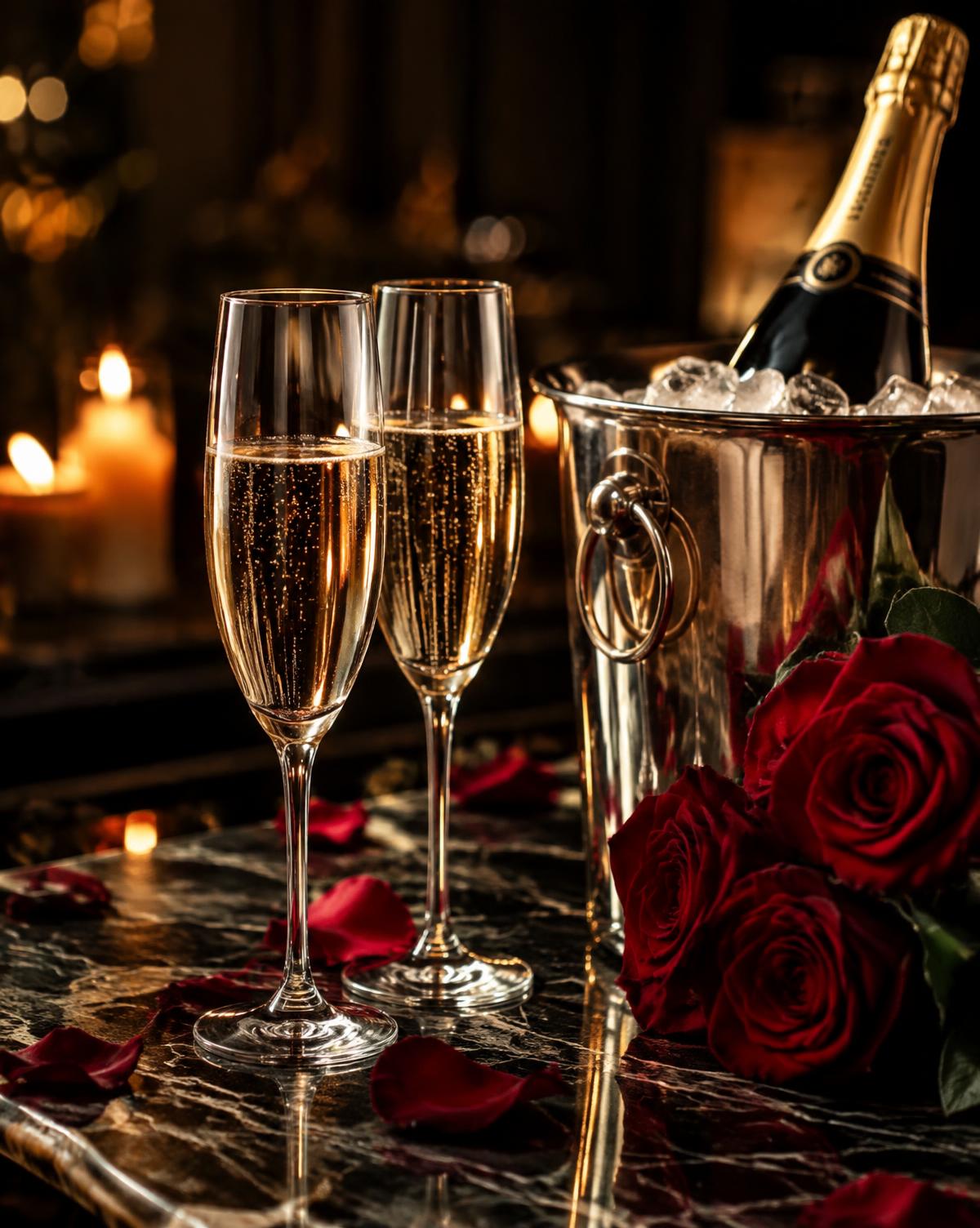Champagne et roses rouges sur marbre noir